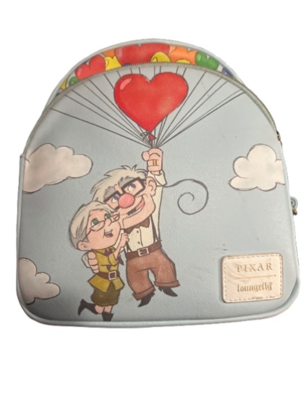 Loungefly Light Blue Pixar Up Carl & Ellie Mini Backpack with Red Heart Balloon